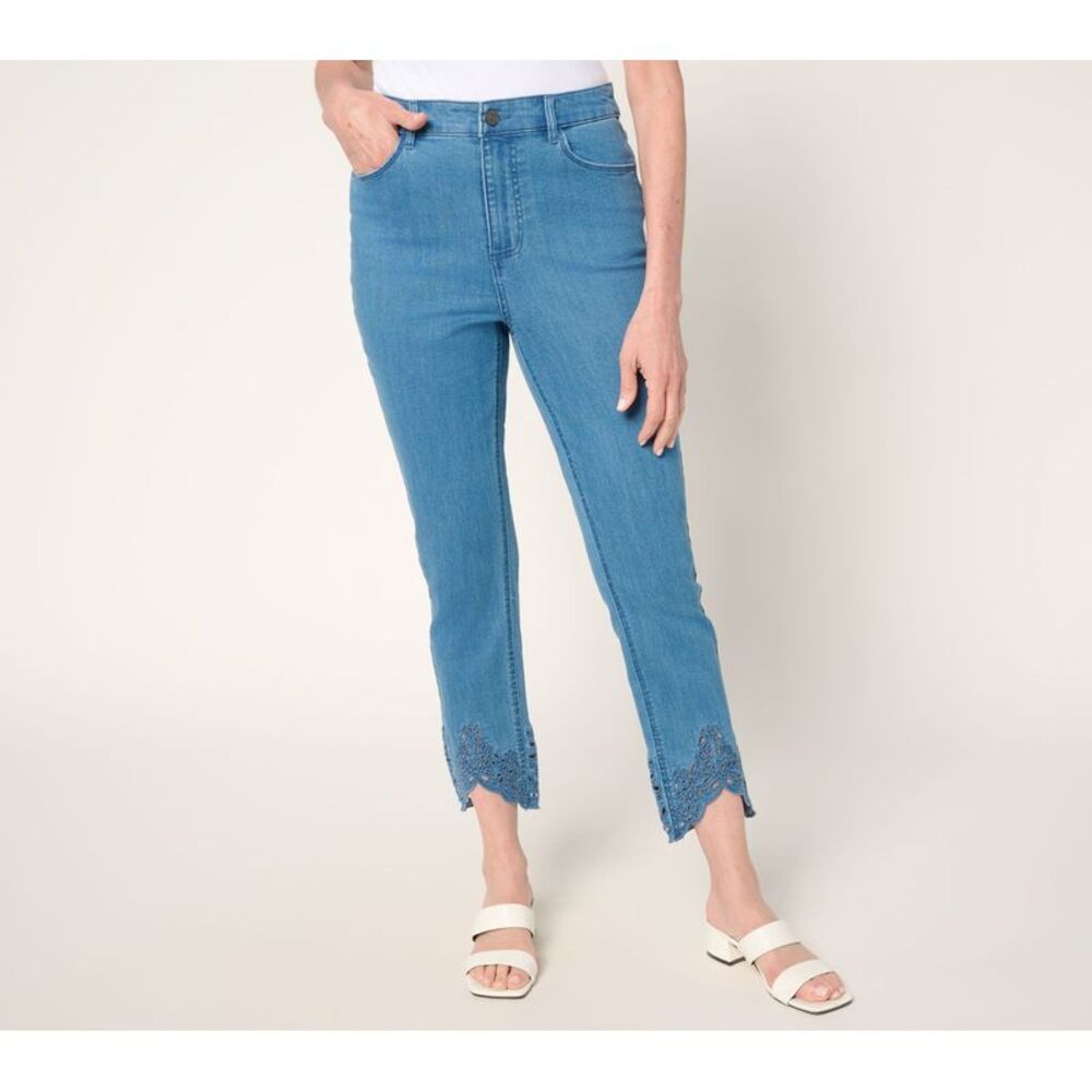 Susan Graver Women's Pants Sz 2 Slim Leg Ankle Jean w Embroidered Blue A711754